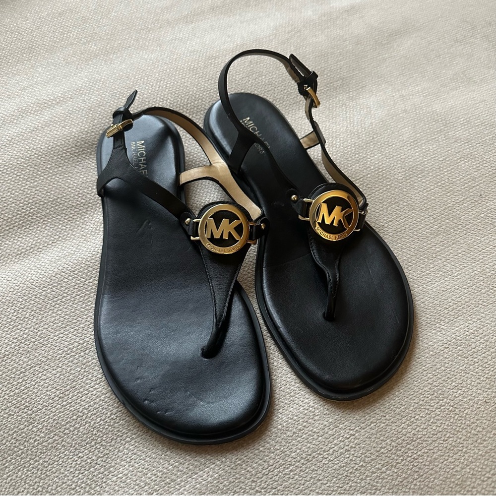 Michael Kors Black Sandals with Gold Emblem